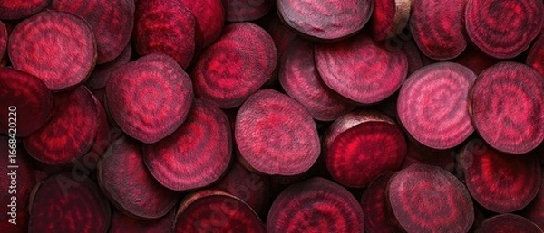 Fototapeta Vibrant beetroot slices creating geometric pattern with deep crimson color palette