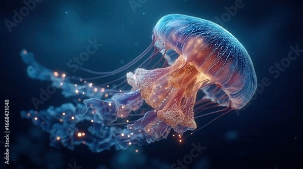 Fototapeta Bioluminescent Jellyfish Floating in Deep Ocean, Underwater Marine Life, Glowing Tentacles, Deep Sea Creature, Aquatic Ecosystem