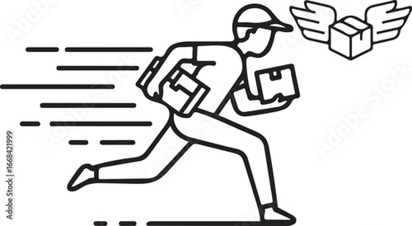 Obraz Fast Delivery Courier Running with Packages: Line Art Illustration, Urgent Shipping Concept