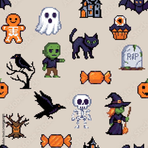 Fototapeta Pixel Art  Halloween Seamless Pattern Retro Spooky Objects