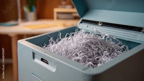 Fototapeta Close-up of a light teal paper shredder overflowing with shredded white paper.