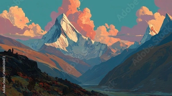 Fototapeta alpine vista with majestic snowy mountains under a radiant pastel sunset, deep valleys between peaks filled with soft shadows, sky bursting with orange, pink, and blue, copy space in upper sky 