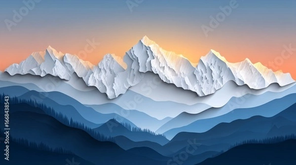 Fototapeta mountain range during winter sunset, layered mountain silhouettes fading into distance, soft light on snowy caps, smooth pastel sky transitions, designed with clear sky space ideal for print 