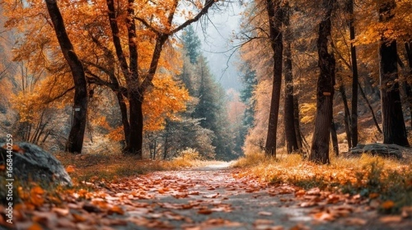 Fototapeta An enchanting autumn forest path covered in vibrant orange leaves stretches towards the distant light