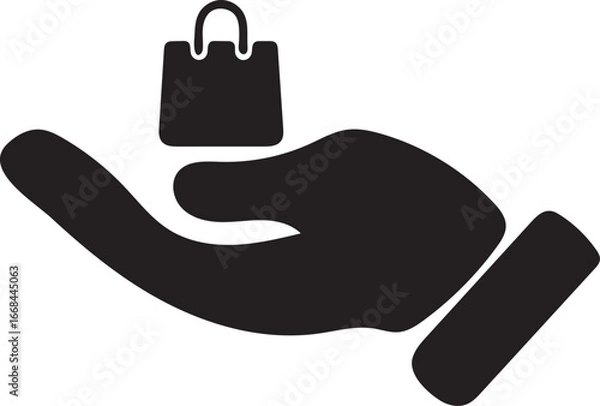 Obraz Hand Offering Shopping Bag: Simple Black Icon, Minimalist Style, E-commerce Concept