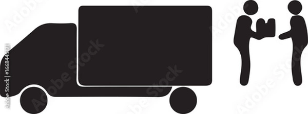 Obraz Simple Black Icon: Delivery Truck and Two People Exchanging Package