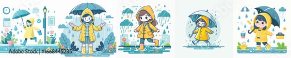 Obraz vector of a girl playing in the rain wearing raincoat