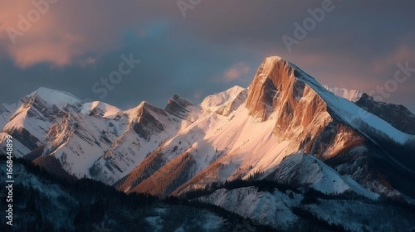 Fototapeta Sunlight paints the vast snowy mountain peaks with warm glowing colors at golden hour