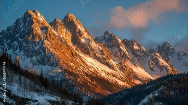 Fototapeta Snowy mountain peaks brightly shine in golden sunrise light against a blue sky