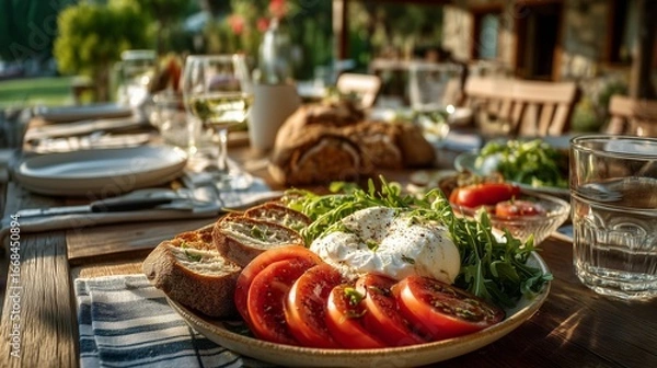 Fototapeta Fresh burrata cheese ripe tomatoes and bread are ready for an inviting outdoor summer lunch
