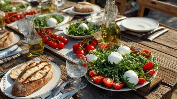 Fototapeta Fresh mozzarella tomato and arugula salad laid out on a rustic wooden table outdoors
