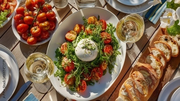 Fototapeta A delicious burrata salad with fresh tomatoes and bread is served on a sunny outdoor table setting