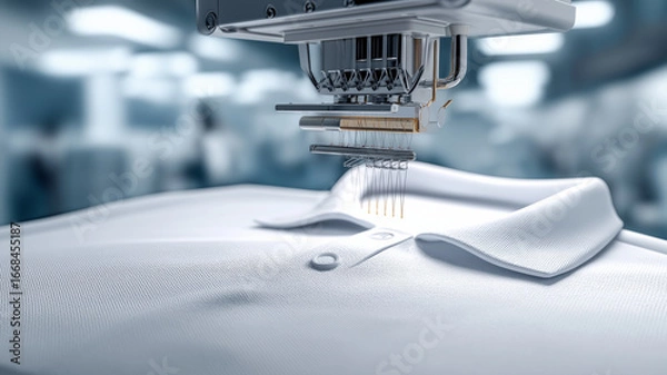 Fototapeta Photorealistic image of embroidery machine stitching white polo shirt in textile factory, showcasing precision and technology. focus is on needle and fabric