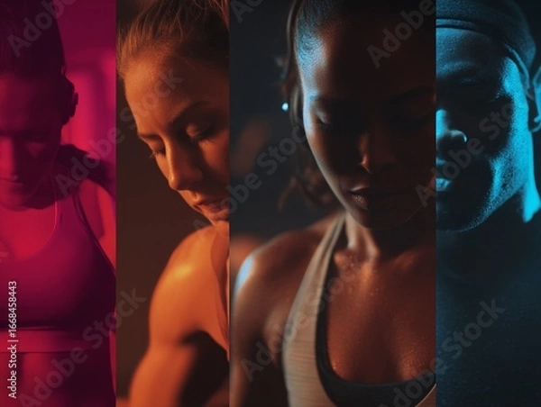 Fototapeta Diverse people are intensely focused and sweating after a hard workout