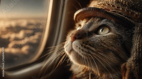 Fototapeta Cat in Pilot Hat Looking Out Airplane Window at Clouds, Travel Adventure, Animal Theme, Creative Concept, Close-up