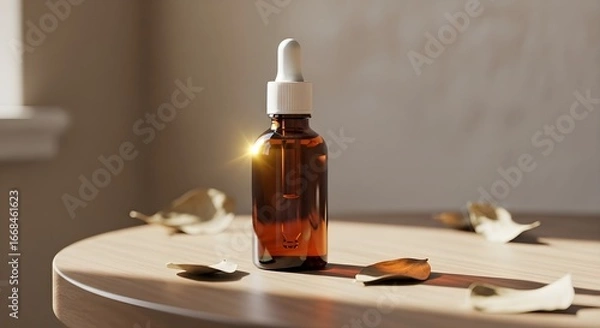 Fototapeta A close-up shot of an amber glass bottle with a dropper on a wooden surface, surrounded by fallen leaves, capturing a serene beauty.