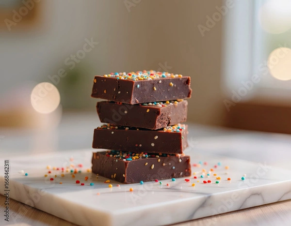 Fototapeta A stack of dark chocolate squares with sprinkles scattered around them on a square marble plate on a table