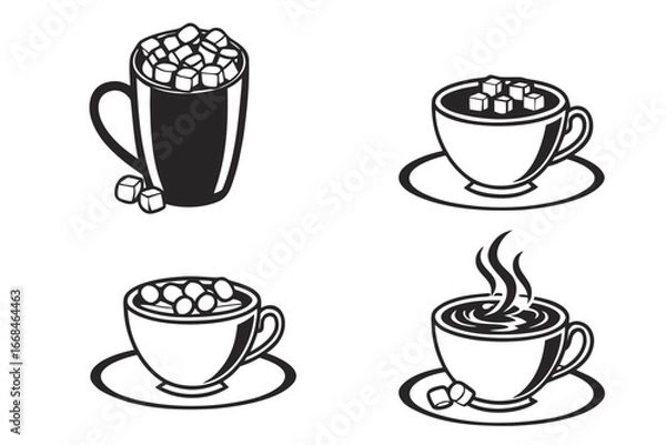 Fototapeta Four stylized cups of hot beverages with marshmallows and sugar cubes.