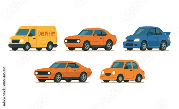 Fototapeta Colorful flat style vehicles set featuring cars, police, ambulance, and delivery van