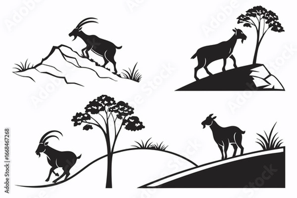 Obraz Silhouette Ibex Goats on Rocky Terrain and Hills.