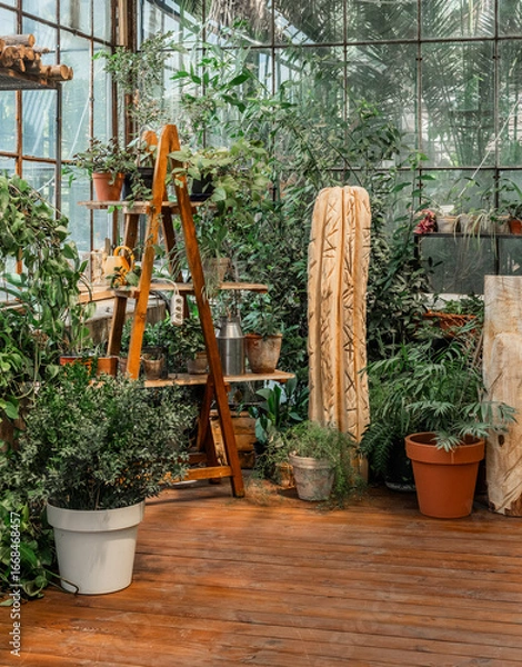 Fototapeta Scindapsus pictus vines and potted collection in rustic greenhouse for concepts of indoor greenery and plant care