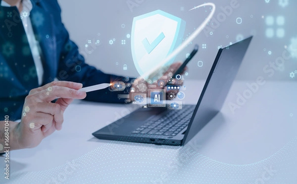 Fototapeta Cyber security and data protection. Businessman using laptop computer protecting business and financial data with virtual network connection.Cyber security access concept.
