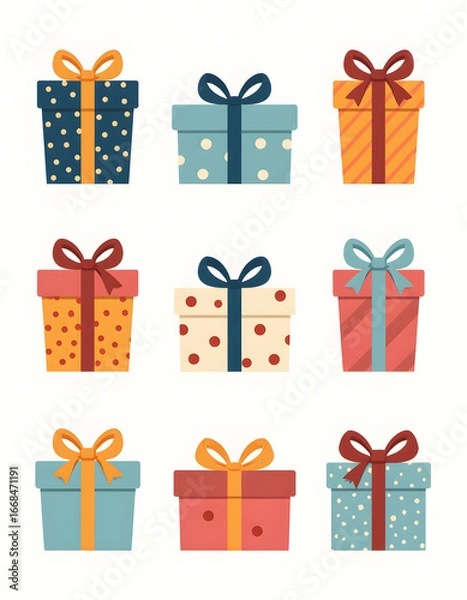 Fototapeta Nine colorful gift boxes with bows and ribbons on a white background.