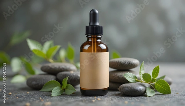 Fototapeta Amber Dropper Glass Bottle Mockup with Blank Label on Zen Stones – Essential Oils, Aromatherapy, and Skincare Packaging