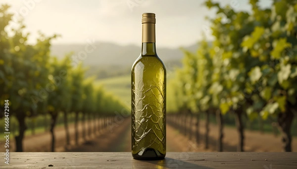 Fototapeta Olive Green Wine Bottle Mockup with Blank Label in Scenic Vineyard – Classic Winery Product Branding