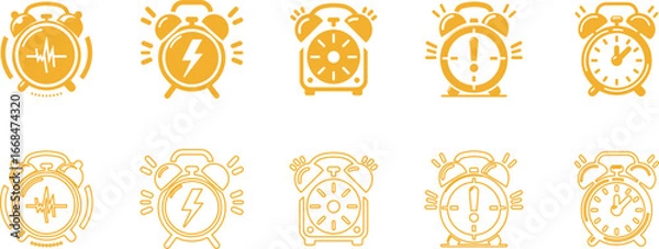 Fototapeta Alarm clock icons in golden hues for time management, reminders, and deadlines