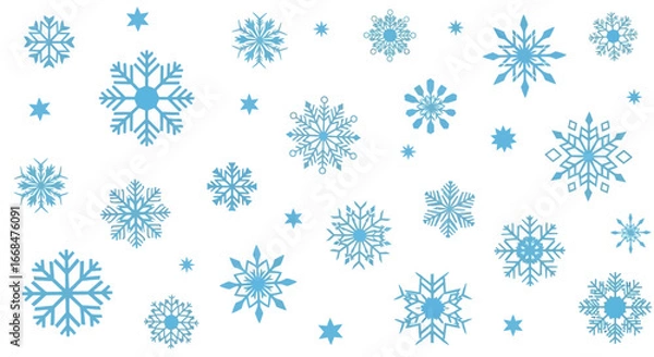 Fototapeta A collection of blue snowflakes of varying sizes and designs scattered on a white background.
