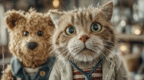 Fototapeta Charming Feline Veterinarian with Teddy Bear Colleague: A Whimsical Portrait of Animal Healthcare and Friendship in a Cozy Setting