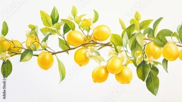 Obraz Lemon tree branch with clusters of bright lemons and glossy green leaves, displayed against a crisp white backdrop