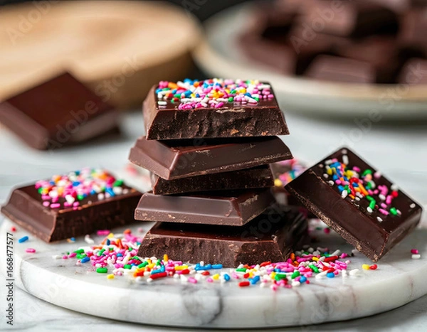 Fototapeta A stack of dark chocolate squares with sprinkles scattered around them on a round marble plate on a table
