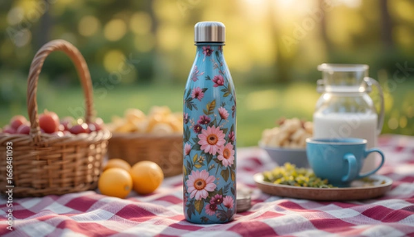 Fototapeta Reusable Floral Stainless Steel Water Bottle Mockup on Picnic Table with Fresh Fruits – Eco-Friendly Lifestyle Design