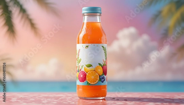Fototapeta Fresh Orange Juice Bottle Mockup with Fruit Label Design on Summer Tropical Beach Background – Healthy Beverage Packaging Concept
