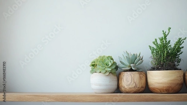 Obraz Variety of indoor plants displayed on shelf with neutral background