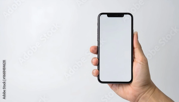 Fototapeta Hand Holding Smartphone with Blank White Screen, Mockup for App Presentation