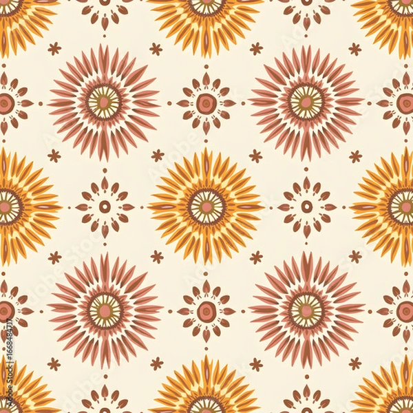 Fototapeta This seamless pattern features a vibrant, repeating floral design with warm colors.