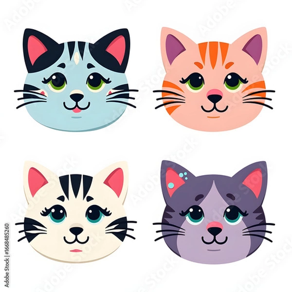 Fototapeta Four adorable cartoon cat faces with various colors and designs.
