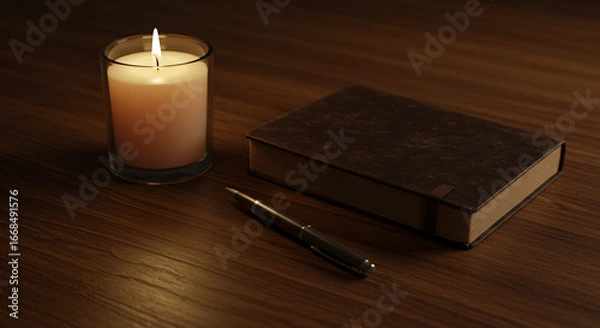 Fototapeta A candle, notebook and pen on a table, set in soft light to inspire thoughts and ideas
