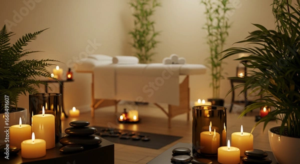 Obraz A serene spa environment, featuring a massage table with candles and plants. The ambiance evokes tranquility and relaxation