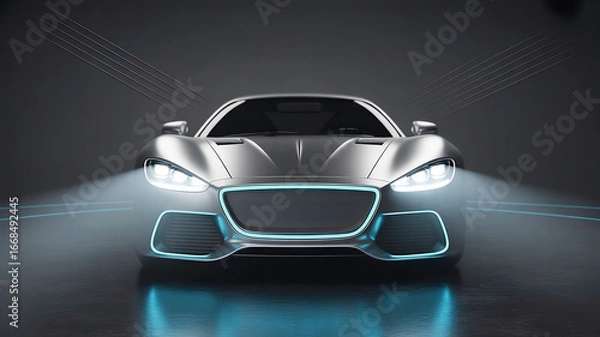 Fototapeta Futuristic silver car with glowing lights