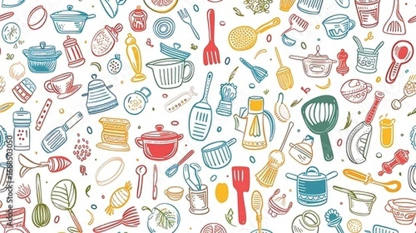 Fototapeta Whimsical Kitchen Utensil Pattern: A Colorful Doodle-Style Illustration for Culinary Enthusiasts and Home Decor