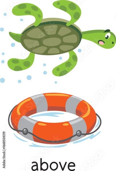 Fototapeta Preposition of place. Turtle ABOVE the lifebuoy