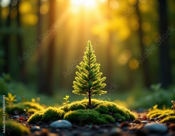 Fototapeta Small Young Conifer Growing in Sunlit Forest with Soft Background