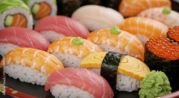 Fototapeta An array of colorful sushi presented on a black tray. The sushi features various toppings, including salmon, tuna, and shrimp, along with other delightful ingredients