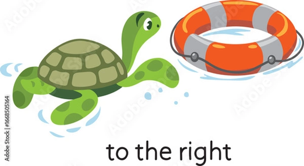 Fototapeta Preposition. Lifebuoy TO THE RIGHT of the turtle