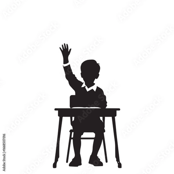 Fototapeta Vector art of silhouette of a young boy sitting at a desk and raising his hand