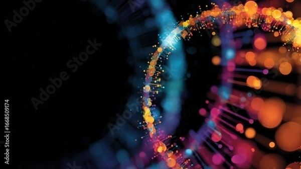 Obraz Abstract circular dna vector background with vibrant colorful strands and molecular elements representing innovation, biotechnology, genetic research, and life sciences concepts
